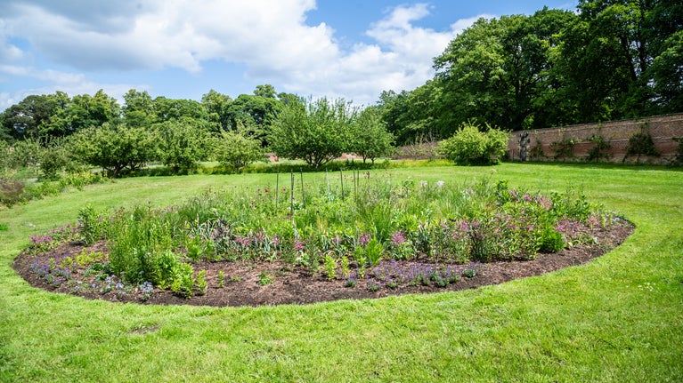 The Walled Garden galaxy shaped flower bed in June 2025